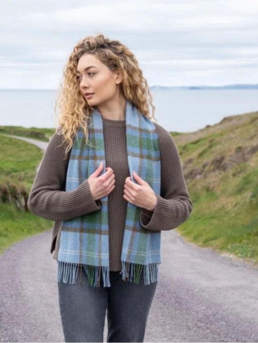 Ireland 100% Lambswool Scarf in Light Blue Plaid by John Hanley & Co